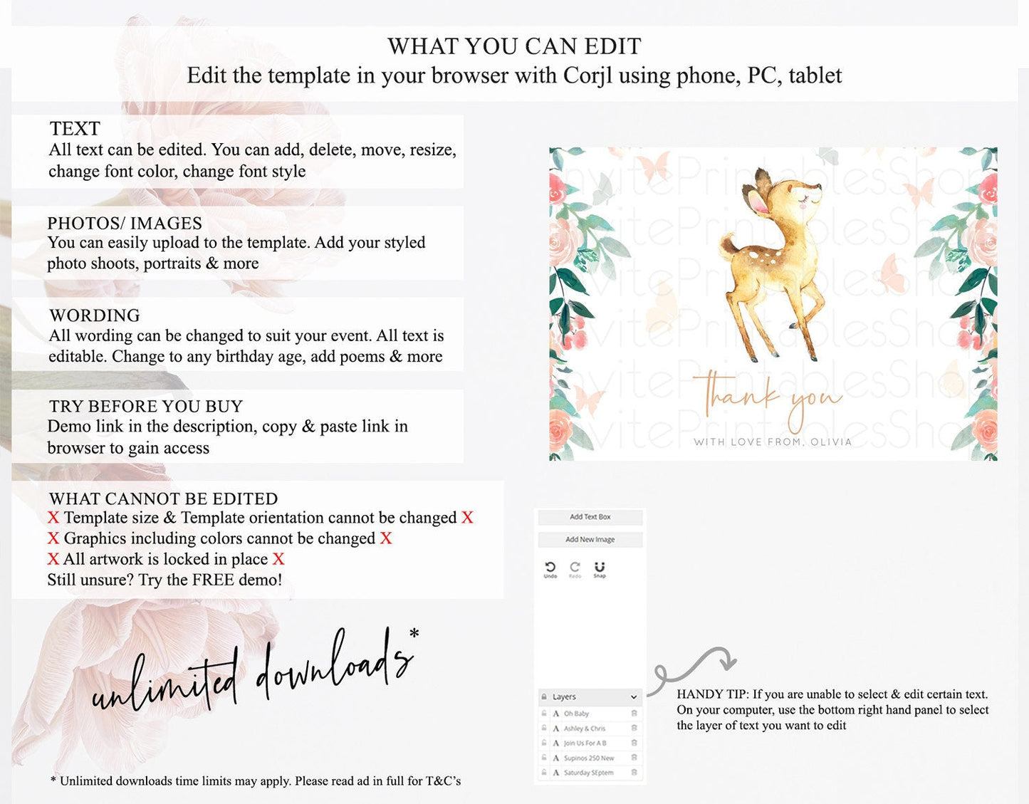 Fawn Thank You Deer Thank You Card Pastel Floral Deer Birthday Thank You Card Enchanted Forest Butterfly Deer Teacher Thank You Card D10753