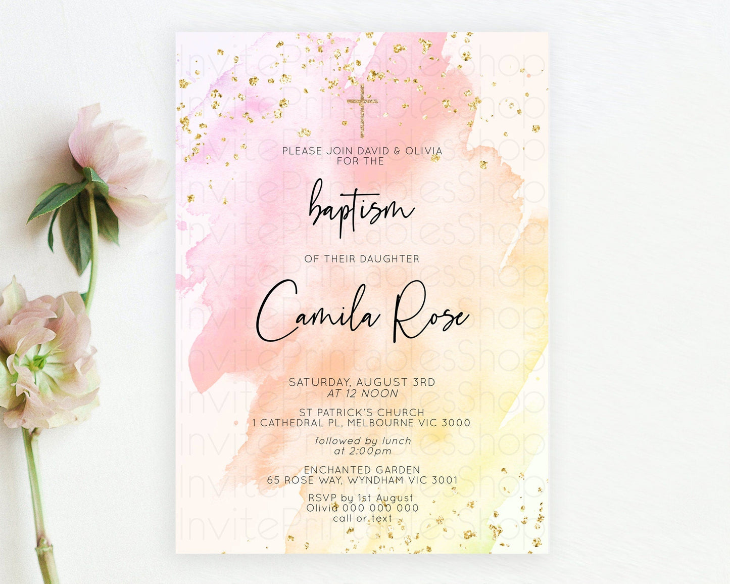 Pink Baptism Invitation Pink Watercolor Baptism 1st Birthday Invitation Pastel Pink Watercolor Christening Invite Pink Splash D10167