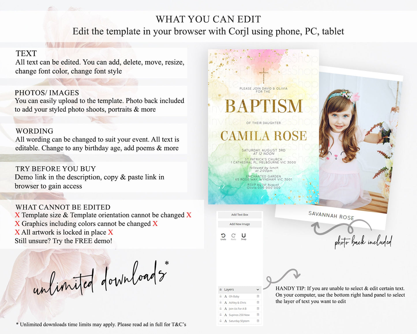 Pastel Baptism Invitation Pastel Colors Watercolor Baptism 1st Birthday Party Gold Ombre Pastel Rainbow Christening Holy Communion D10770