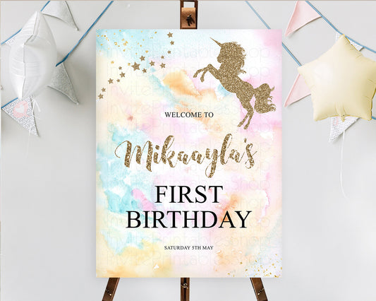 Unicorn Rainbow Birthday Welcome Board Pastel Unicorn Welcome Sign Magical Ombre Colorful Watercolor First Birthday Welcome Sign D10548