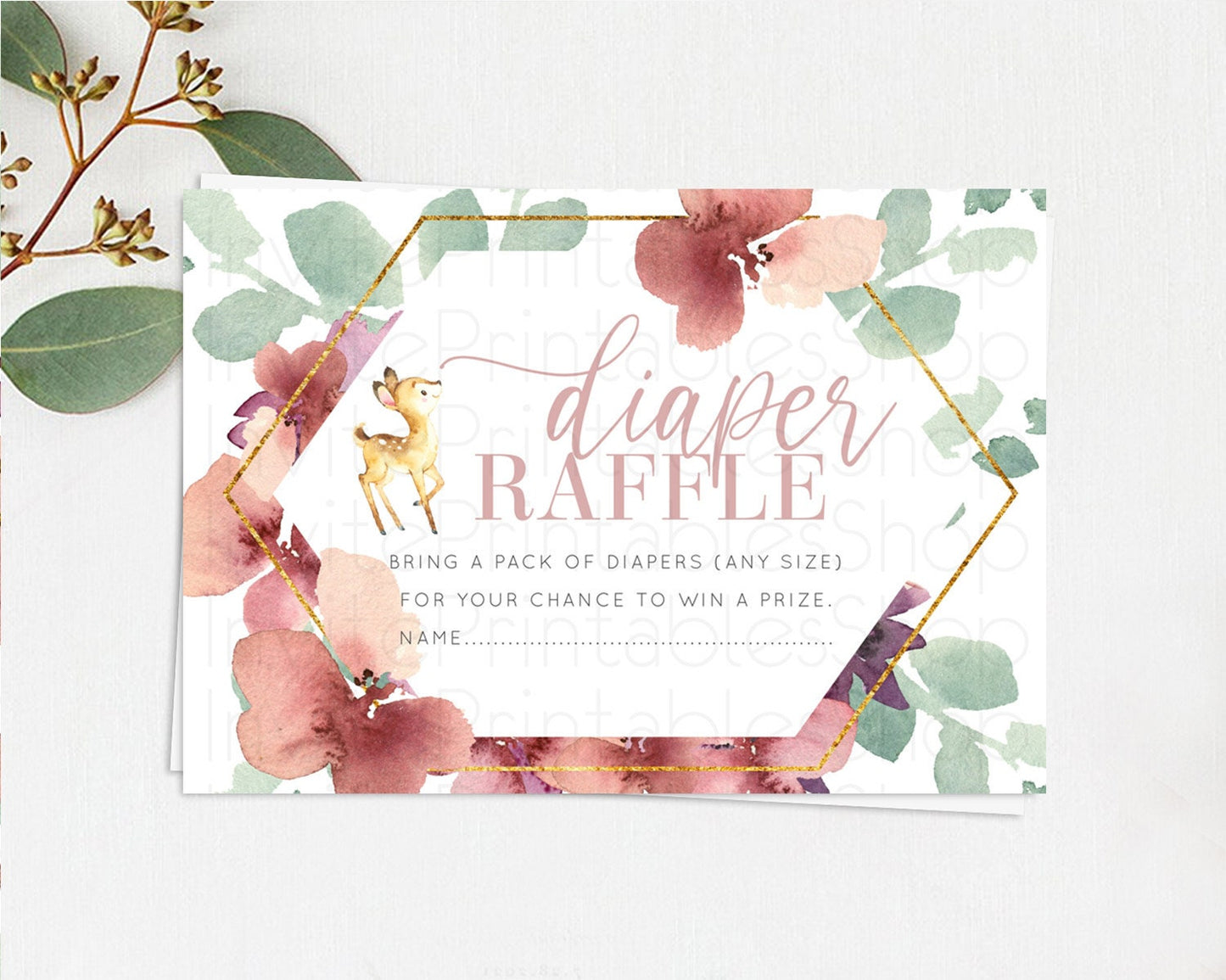 Fawn Diaper Raffle Card Deer Diaper Insert Floral Deer Diaper Ticket Enchanted Forest Butterfly Pastel Baby Shower Raffle Game D10915