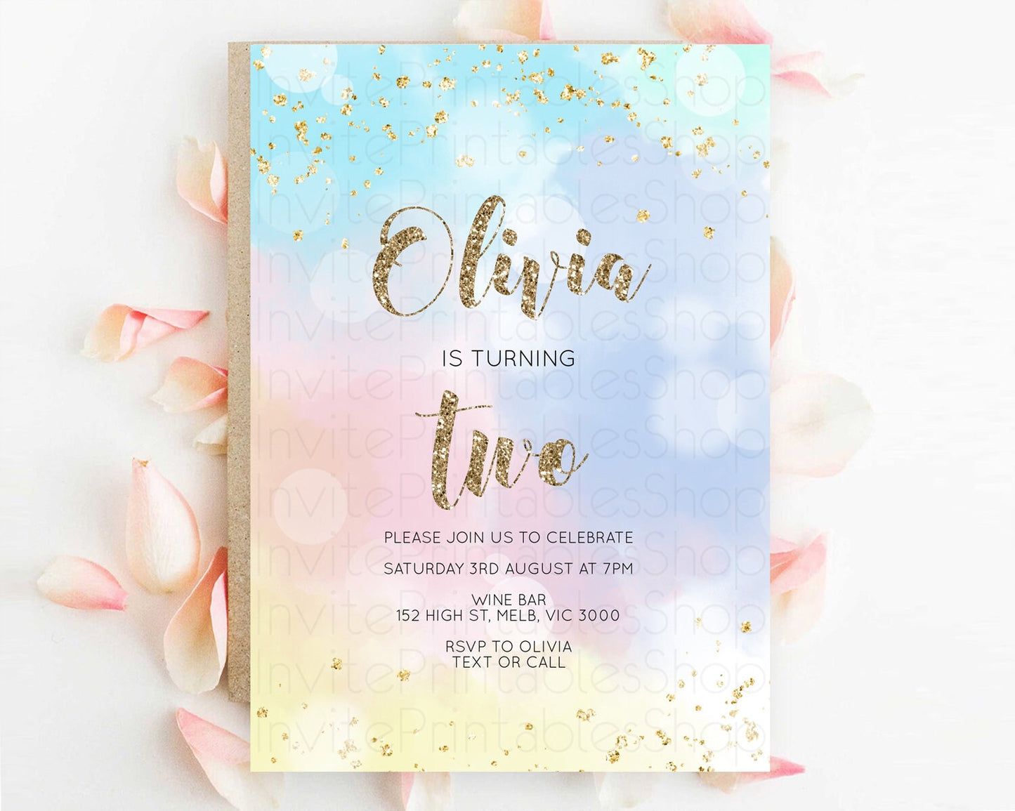 Rainbow Birthday Invitation Colorful Pastel Watercolor Invitation Gold Glitter Sprinkles Ombre Pastel 1st 2nd 3rd Birthday D10367