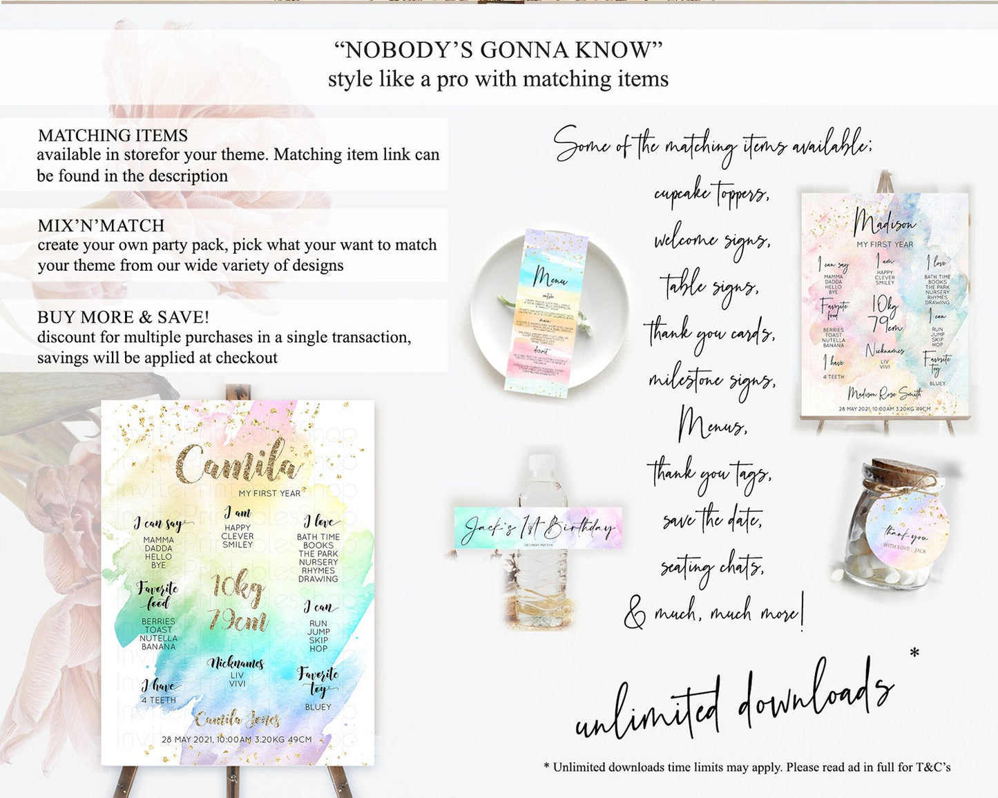 Pastel First Birthday Milestone Board Pastel Rainbow Milestone Poster Colorful Confetti Watercolor Glitter 1st Birthday Welcome Sign D10259