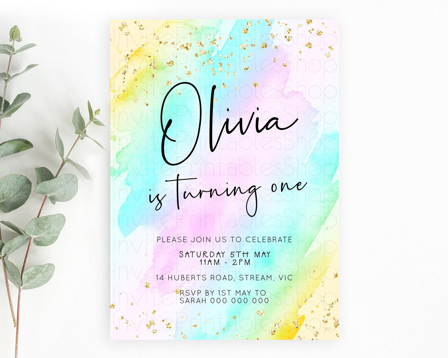 Pastel Birthday Invitation Ombre Watercolor Birthday Invitation Glitter Rainbow Color Splash 1st 2nd 3rd Birthday Invitation D23054