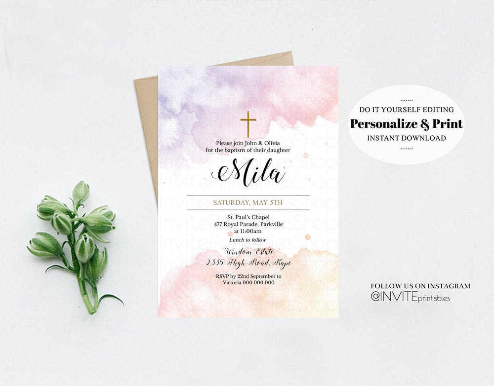 Pink Watercolor Baptism Invitation Pastel Purple Christening Invitation Splash Glitter Gold Sprinkles Foil Splatter Holy Communion Cross