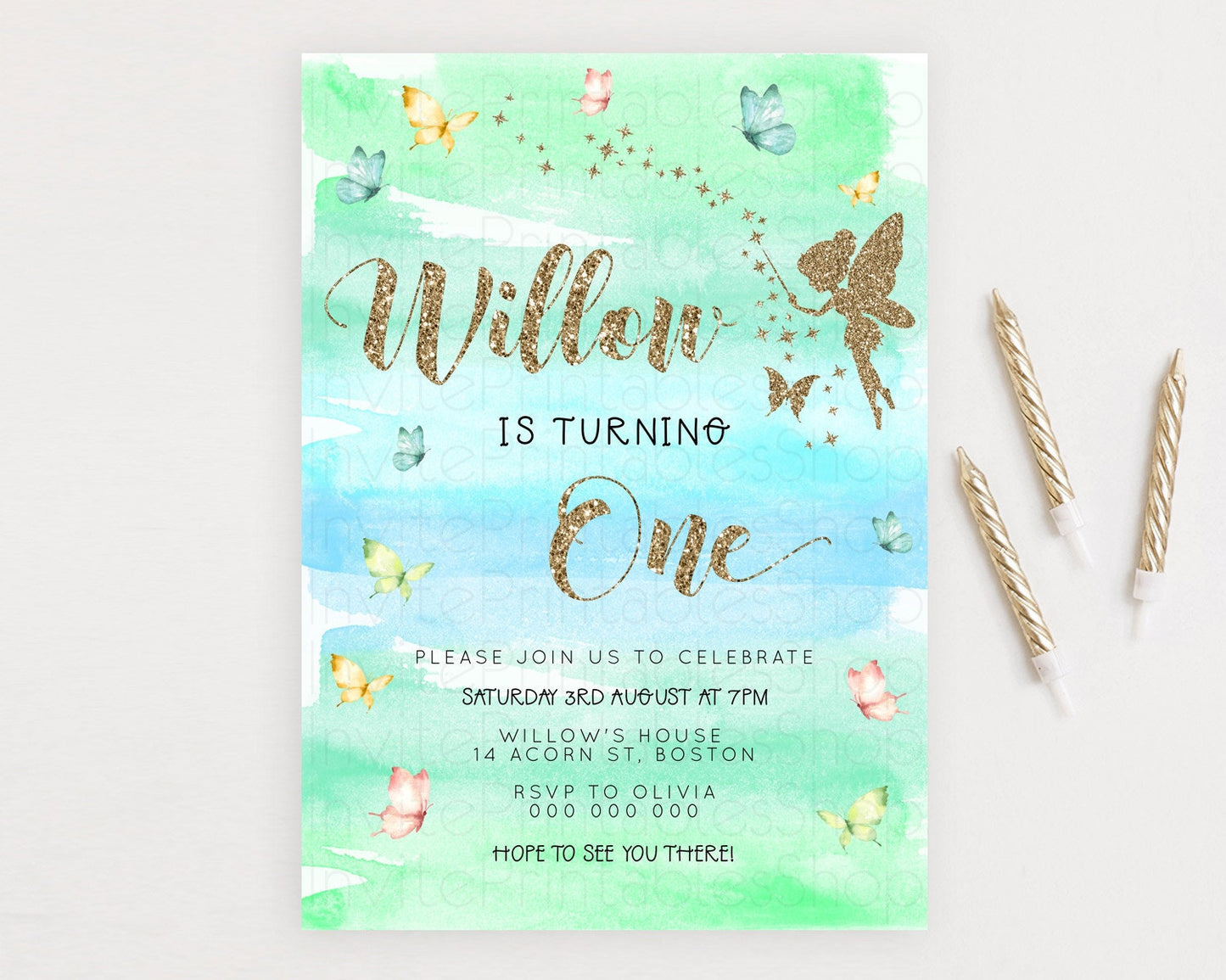 Pastel Fairy Birthday Invitation Pastel Butterflies Fairy Birthday Invitation Rainbow Ombre Watercolor 1st 2nd Birthday Invitation D23323