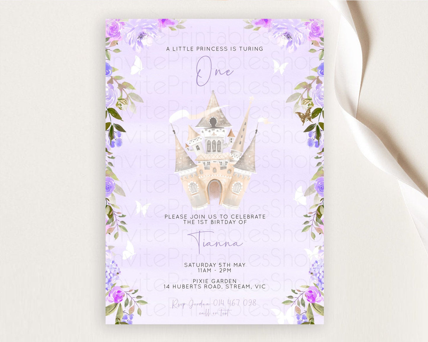Princess Birthday Invitation Castle Invitation Royal Birthday Fairy Tale Enchanted Castle Pastel Floral Garden 1st First Birthday D10339
