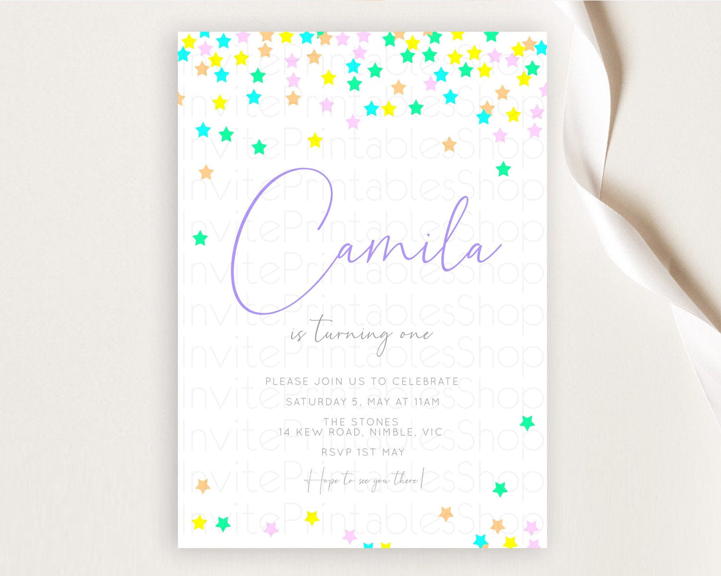 Star Birthday Invitation Pastel Stars Invite Shooting Star Party Rainbow Colorful Confetti Twinkle Little Star 2nd First Birthday D10394