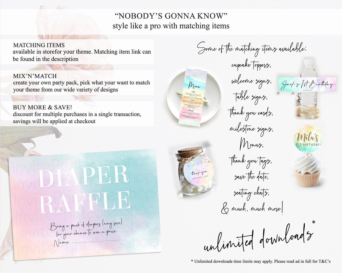 Pastel Diaper Raffle Card Pastel Rainbow Diaper Raffle Insert Colorful Ombre Watercolor Diaper Ticket Confetti Glitter Raffle Game D10375
