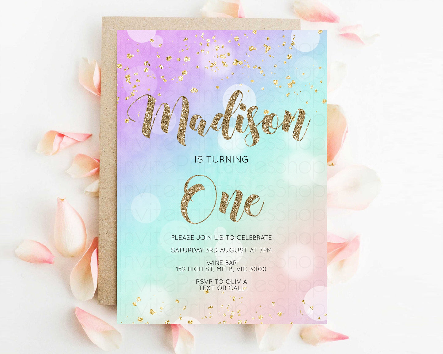 Rainbow Birthday Invitation Pastel Birthday Invite Ombre Watercolor Invite Enchanted Theme Colorful Splash Glitter Sprinkles 1st 2nd 3rd