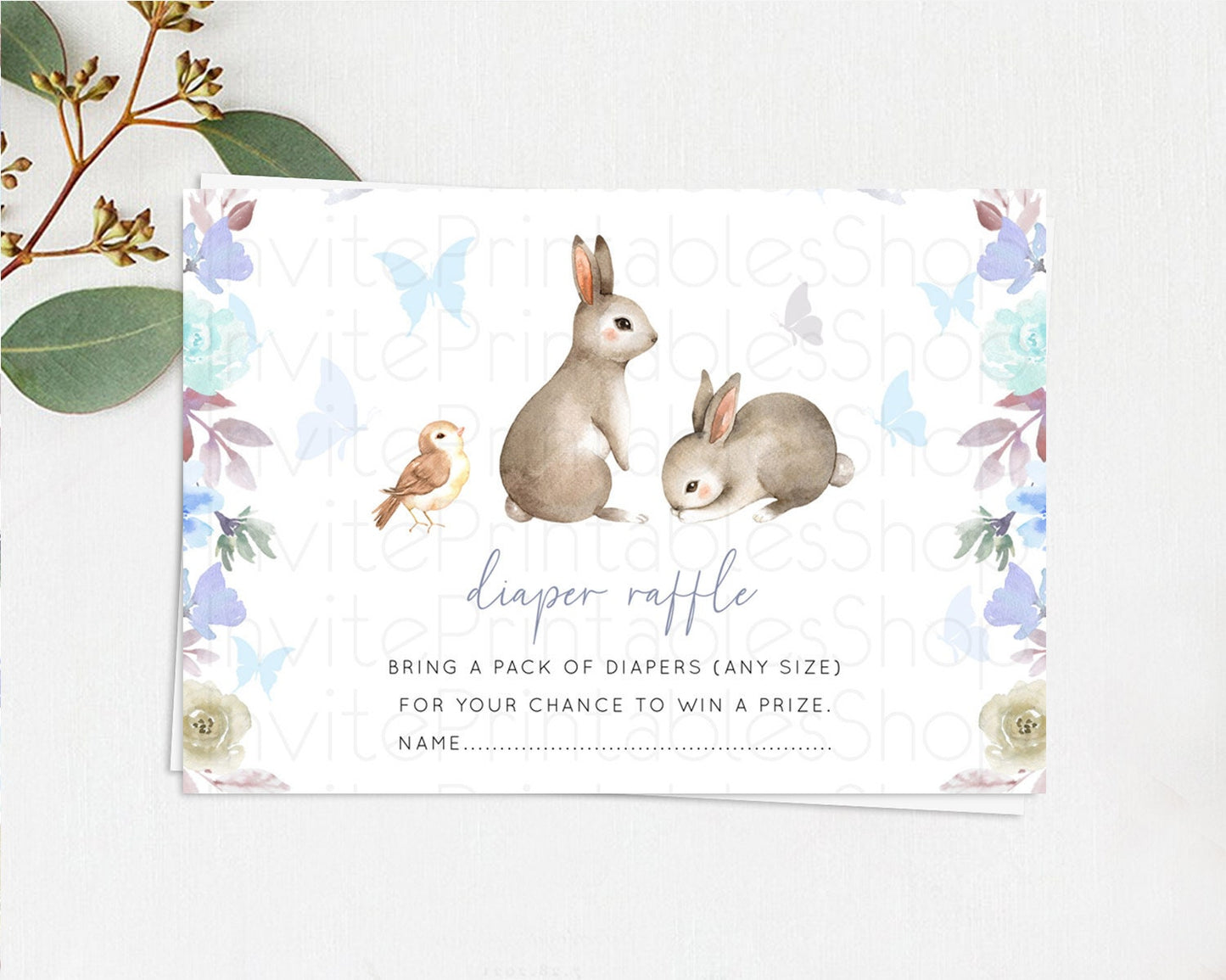 Bunny Diaper Raffle Card Floral Bunny Diaper Raffle Insert Pastel Flowers Woodland Bunny Diaper Ticket Forest Bunny Raffle Game D10927