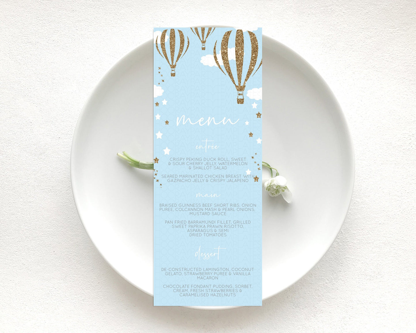 Hot Air Balloon Menu Hot Air Balloon Menu Template Hot Air Balloon Table Decor Adventure Awaits Dinner Dessert Party Food Menu D10332