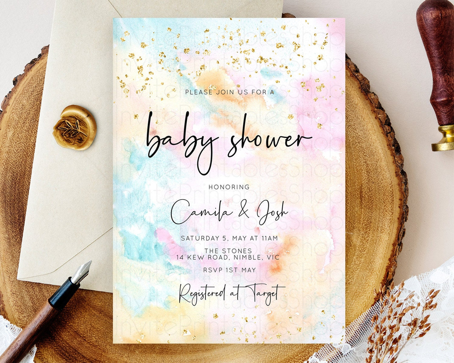 Pastel Baby Shower Invitation Rainbow Baby Shower Invitation Colorful Pastel Watercolor Invitation Gold Glitter Sprinkles Ombre D10548