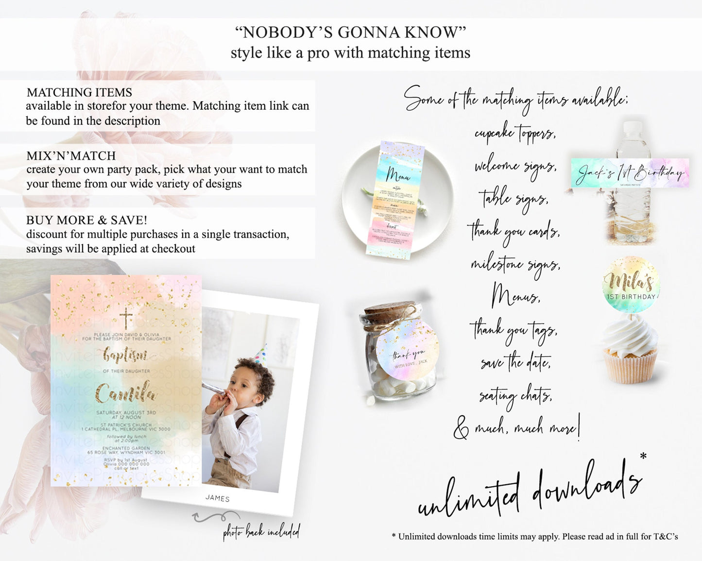 Pastel Baptism Invitation Pastel Colors Watercolor Baptism 1st Birthday Party Gold Ombre Pastel Rainbow Christening Holy Communion D10377