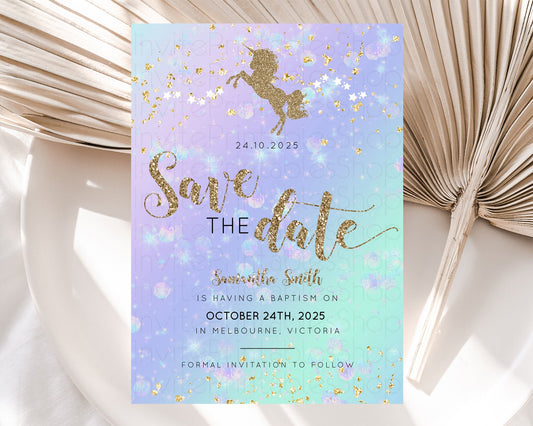 Unicorn Rainbow Save The Date Template Pastel Unicorn Party Magical Pastel Ombre Watercolor Unicorn 1st Birthday Baptism Baby Shower D10951