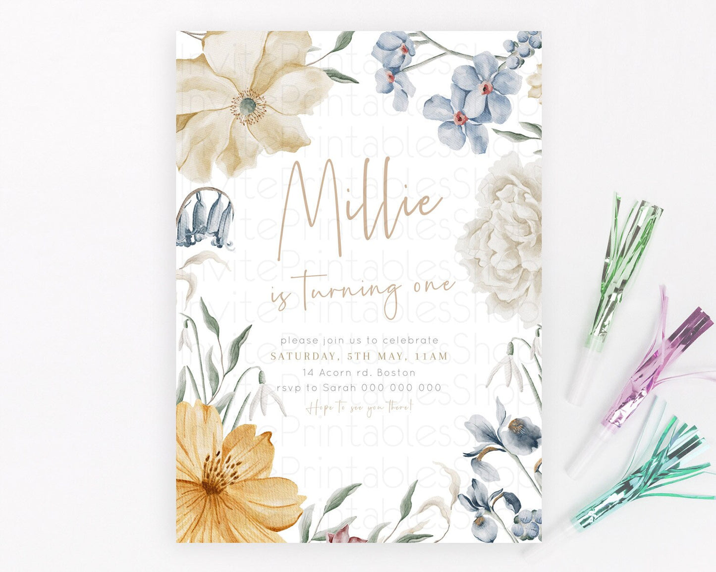 Secret Garden Invitation Wildflower Birthday Invitation Pastel Flowers Invite Enchanted Garden Boho Floral 3rd 2nd First Birthday D23357