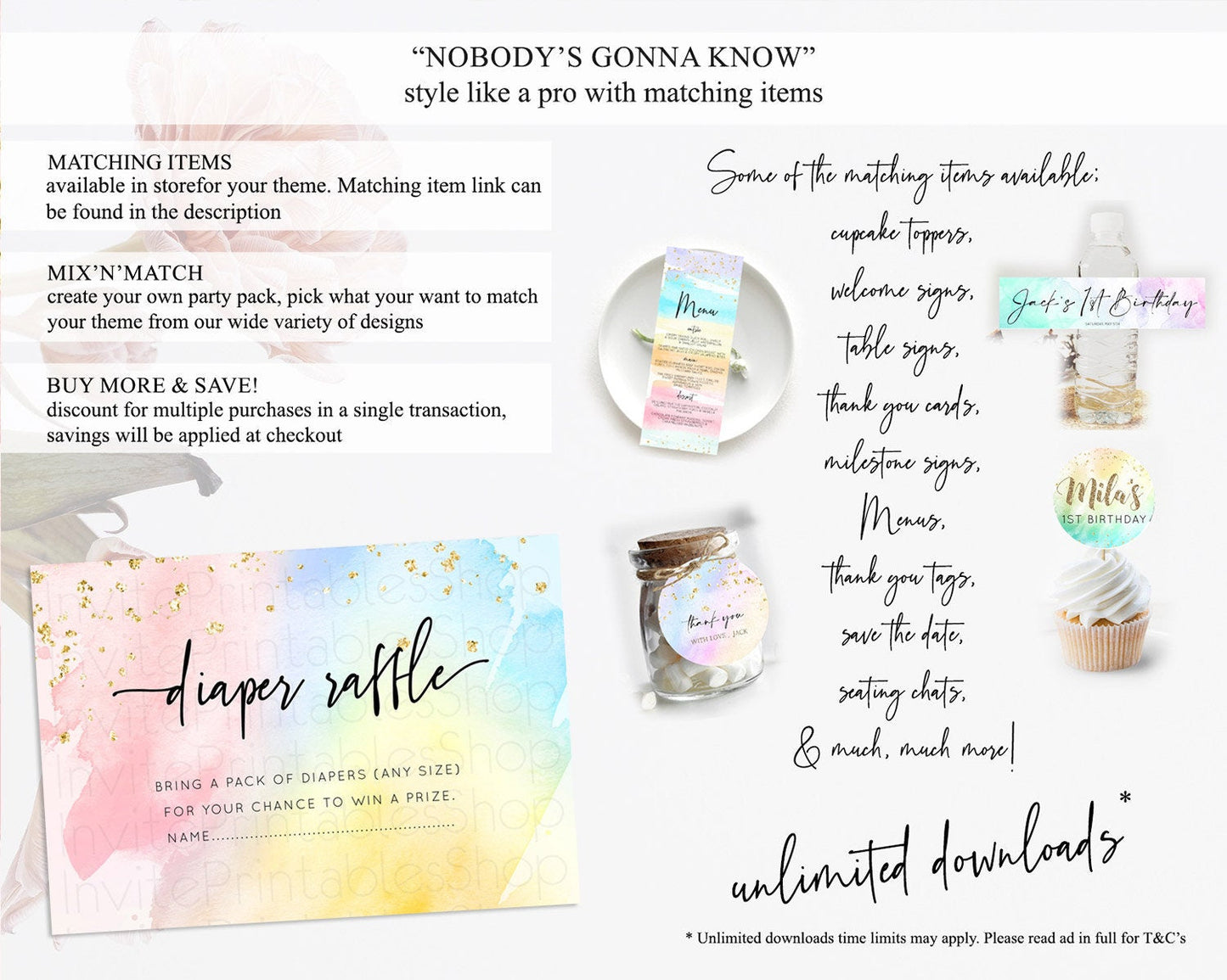 Pastel Diaper Raffle Card Pastel Rainbow Diaper Raffle Insert Colorful Ombre Watercolor Diaper Ticket Confetti Glitter Raffle Game D10557