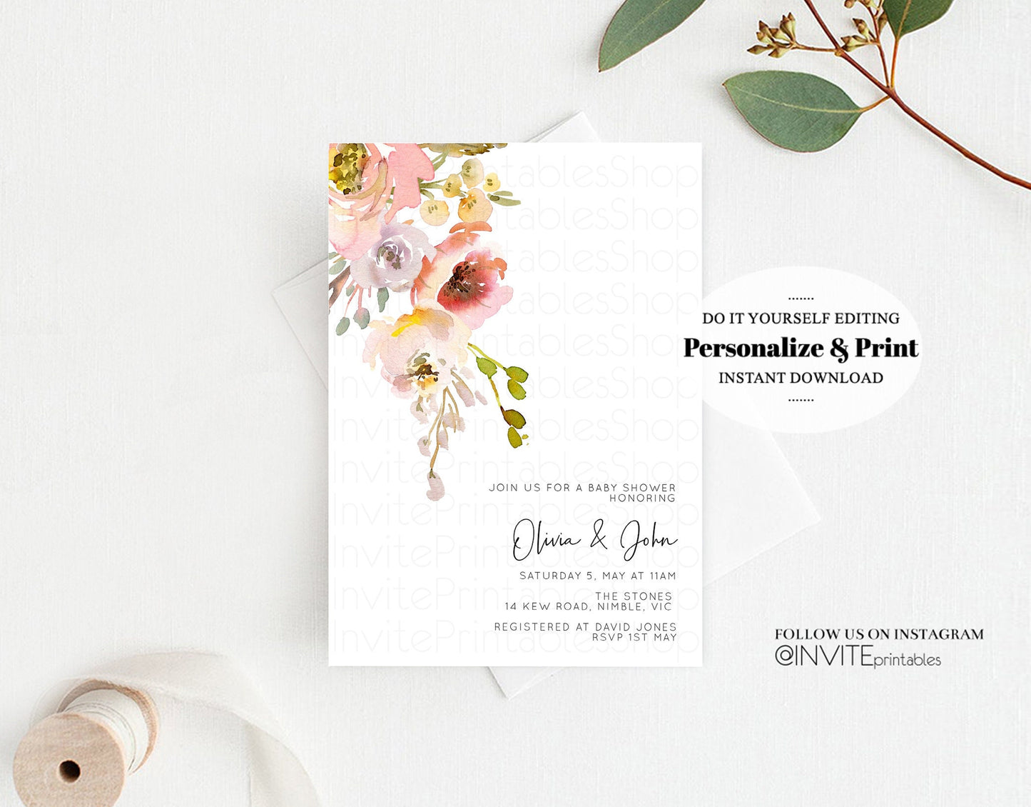 Floral Baby Shower Invitation Secret Garden Whimsical Leaf Watercolor Colorful Dusty Pink Orange Yellow Spring Boho Flowers Editable Invite