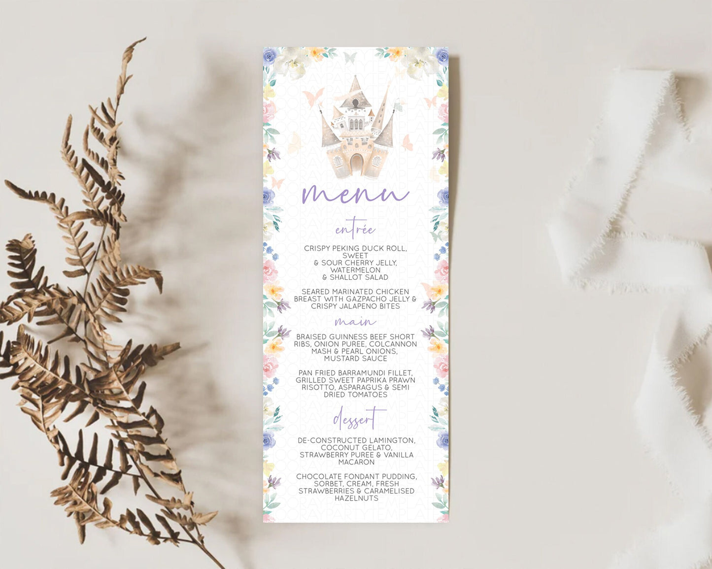 Princess Menu Castle Menu Template Secret Garden Table Decor Enchanted Castle Pastel Floral Dinner Dessert Menu Princess Food Menu D10709