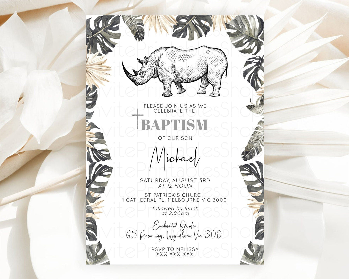 Rhino Baptism Invitation Rhino Baptism 1st Birthday Invitation Rhino Safari Adventure Christening Invitation Palm Leaf Invite Zoo D10826