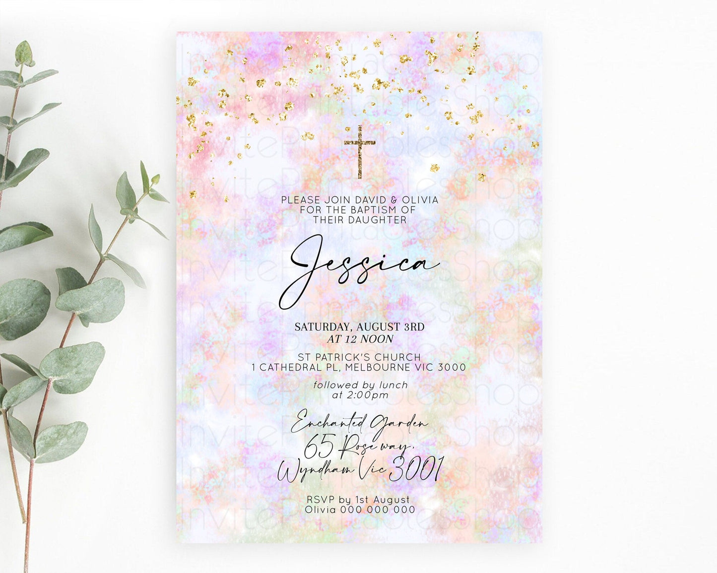 Pastel Baptism Invitation Pastel Colors Watercolor Baptism 1st Birthday Party Gold Ombre Pastel Rainbow Christening Holy Communion D10649