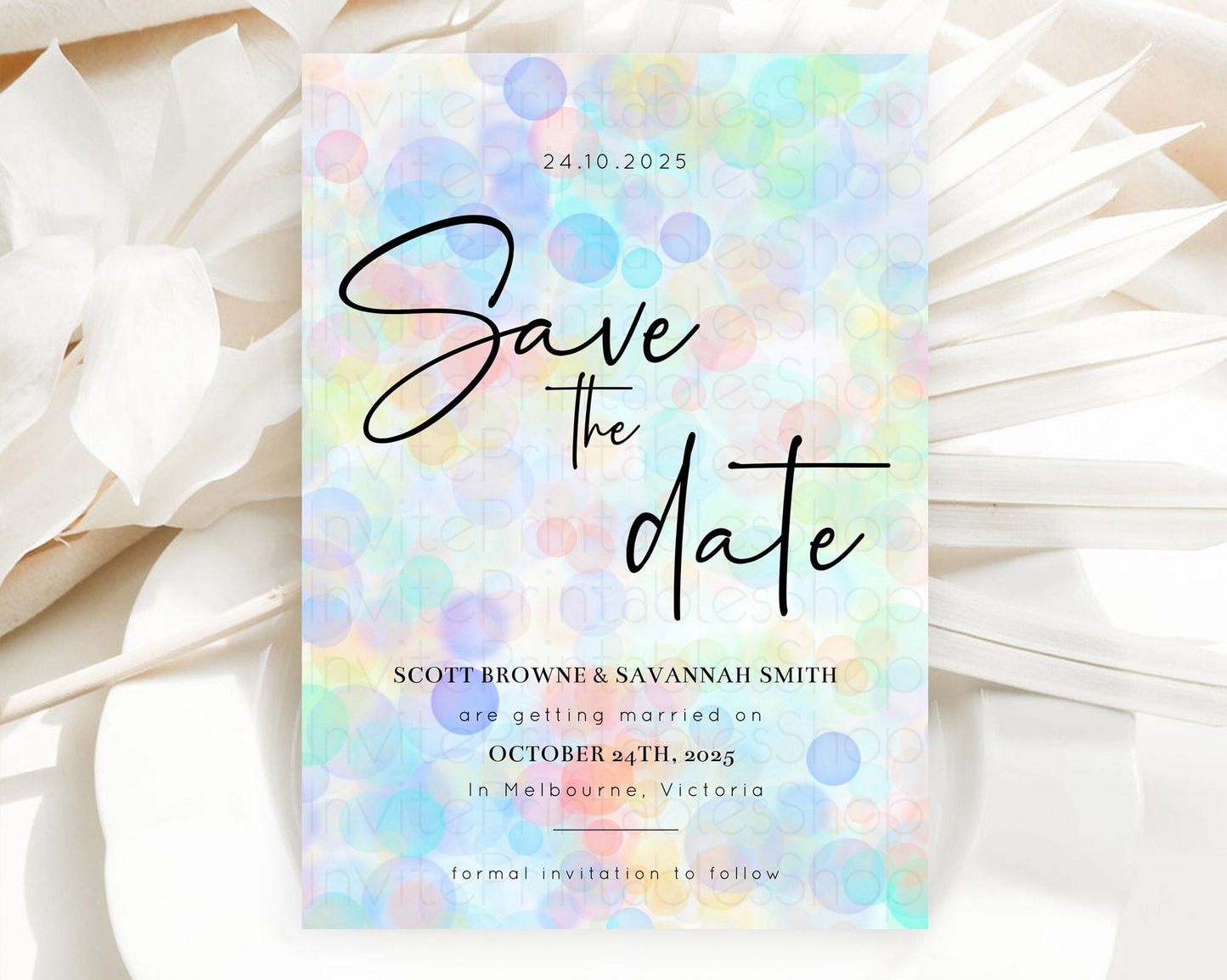 Pastel Bubbles Save The Date Template Bubble Bath Party Rainbow Colorful Confetti Sprinkles 1st Birthday Baby Shower Baptism Wedding D10445