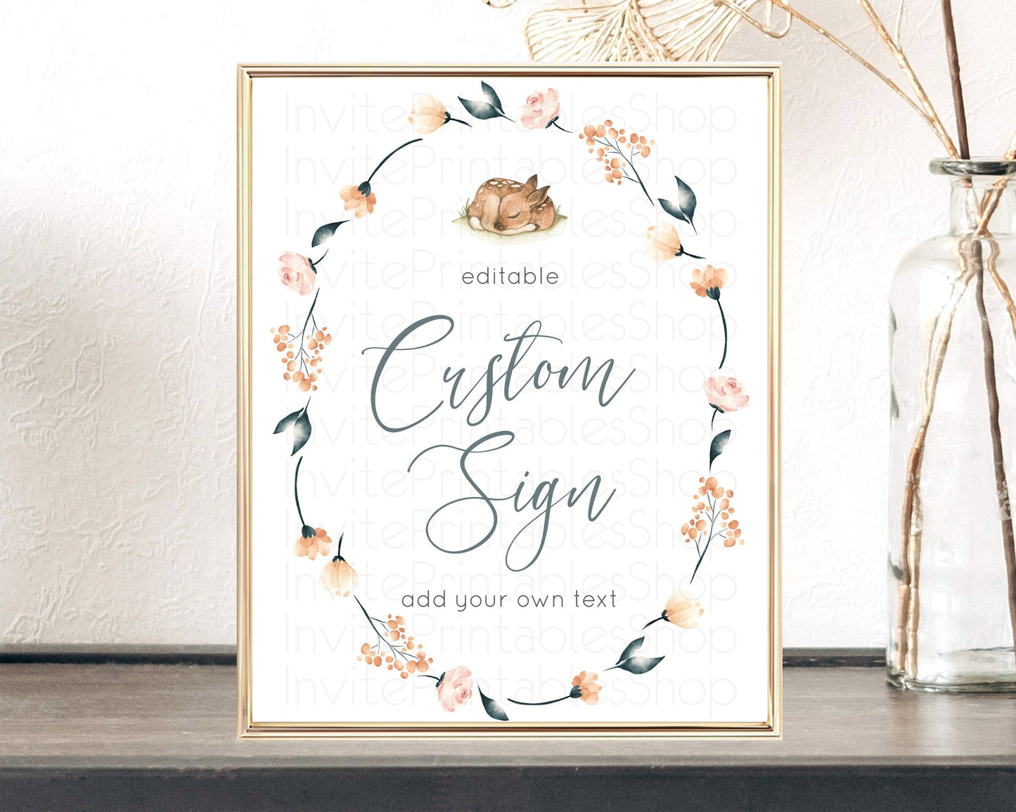 Fawn Deer Sign Pastel Floral Deer Table Sign Decor Enchanted Forest Butterfly Party 1st Birthday Baptism Baby Shower Bridal Shower D10790