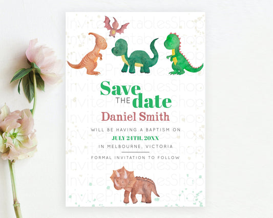 Dinosaur Save The Date Template Dinosaur Volcano Watercolor Volcano T-Rex Raptor Jurassic Party 1st Birthday Baptism Baby Shower D10153