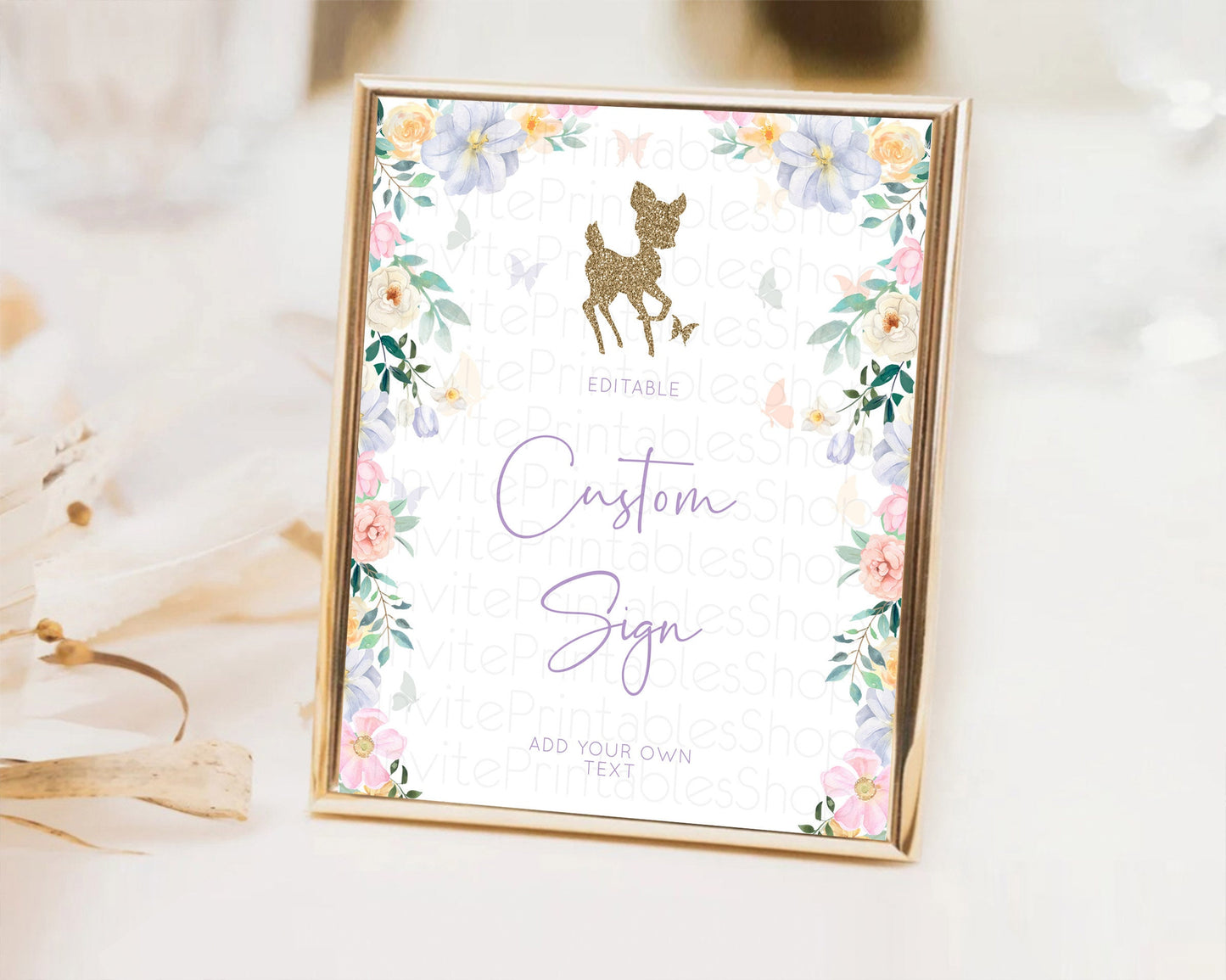 Fawn Deer Sign Pastel Floral Deer Table Sign Decor  Enchanted Forest Butterfly Party 1st Birthday Baptism Baby Shower Bridal Shower D10477