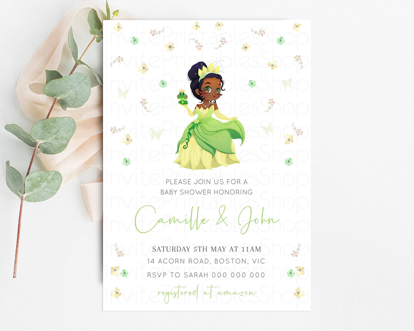 Princess Tiana Baby Shower Castle Invitation Tiana Invite Confetti Florals Secret Garden Enchanted Castle Magical Butterflies Flutters 425