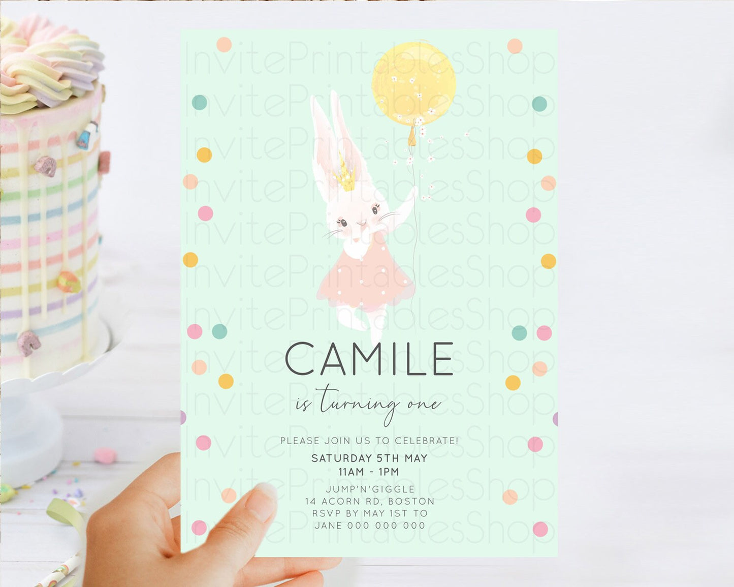 Bunny Birthday Invitation Pastel Bunny Invitation Bunny Balloon Invites Pastel Confetti Balloon Bunny Invites 2nd 1st First Birthday 199v5