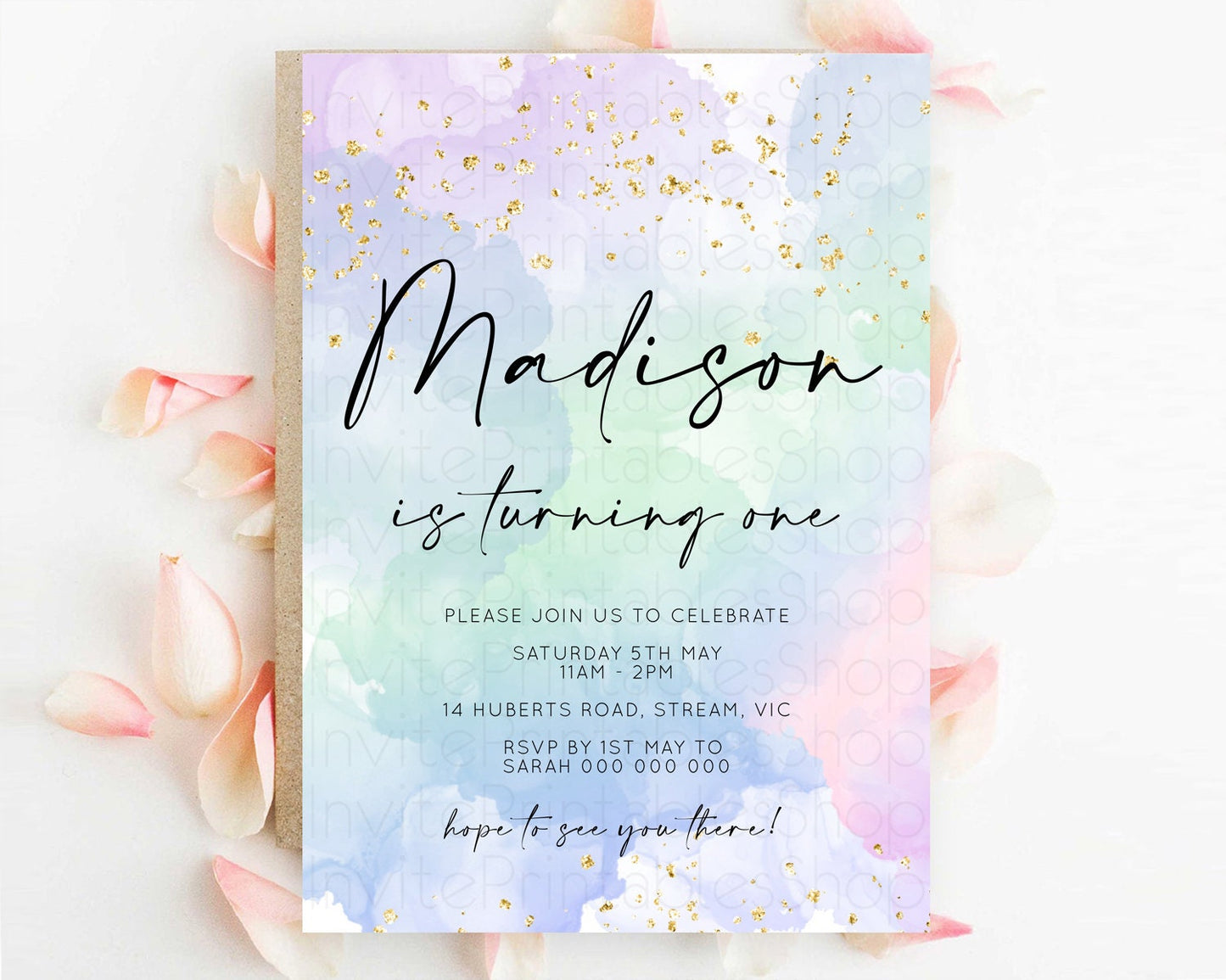 Rainbow Birthday Invitation Colorful Pastel Watercolor Invitation Gold Glitter Sprinkles Ombre Pastel 1st 2nd 3rd Birthday D10624