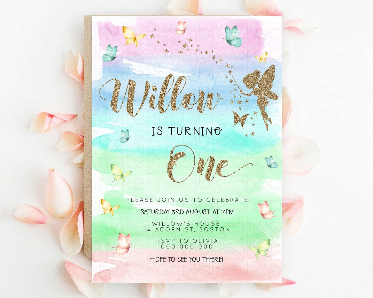 Pastel Fairy Birthday Invitation Pastel Butterflies Fairy Birthday Invitation Rainbow Ombre Watercolor 1st 2nd Birthday Invitation D23320