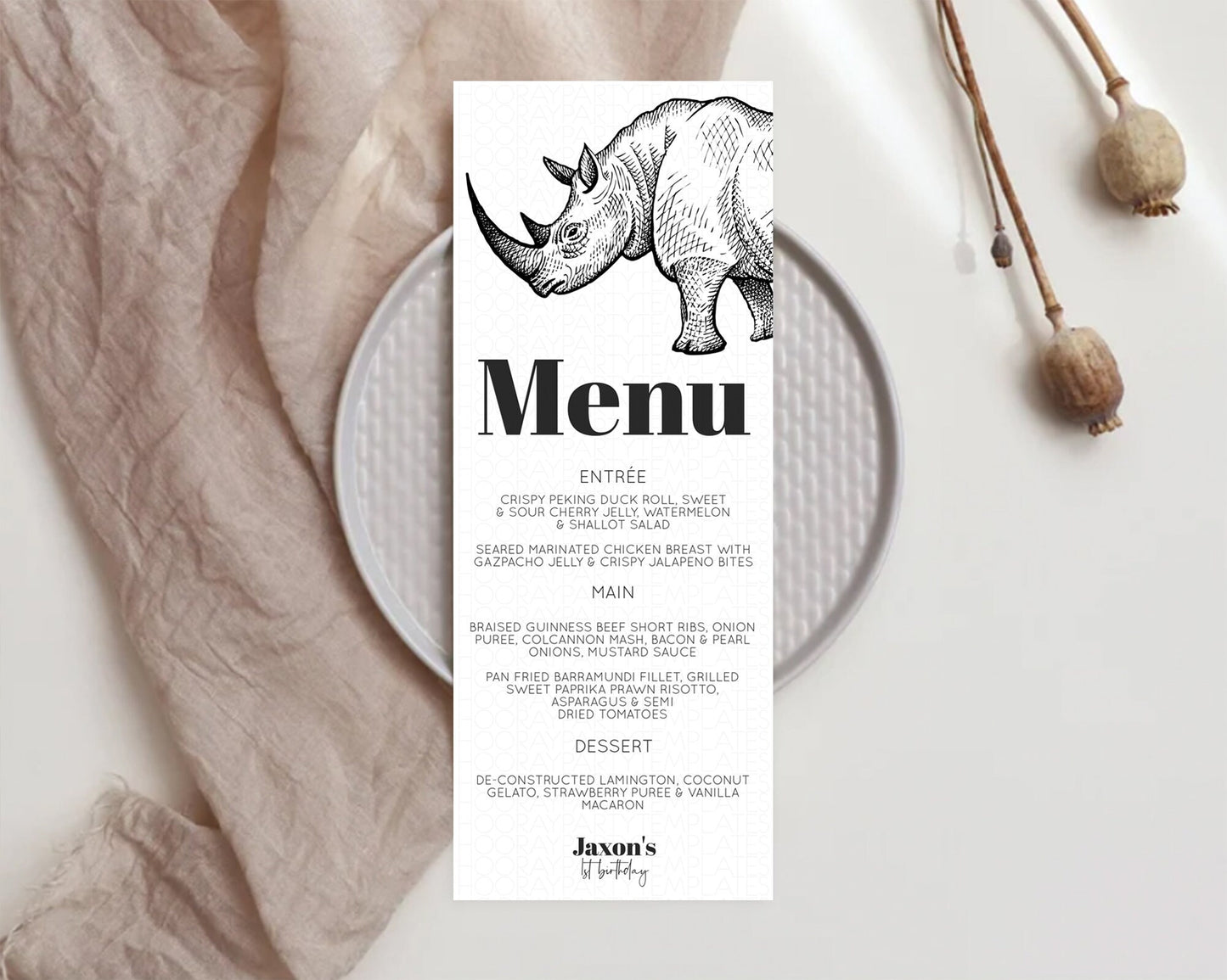 Rhino Menu Rhino Menu Template Rhino Party Table Decor Safari Adventure Decor Rhino Dinner Dessert Menu Rhino Party Food Menu D10253