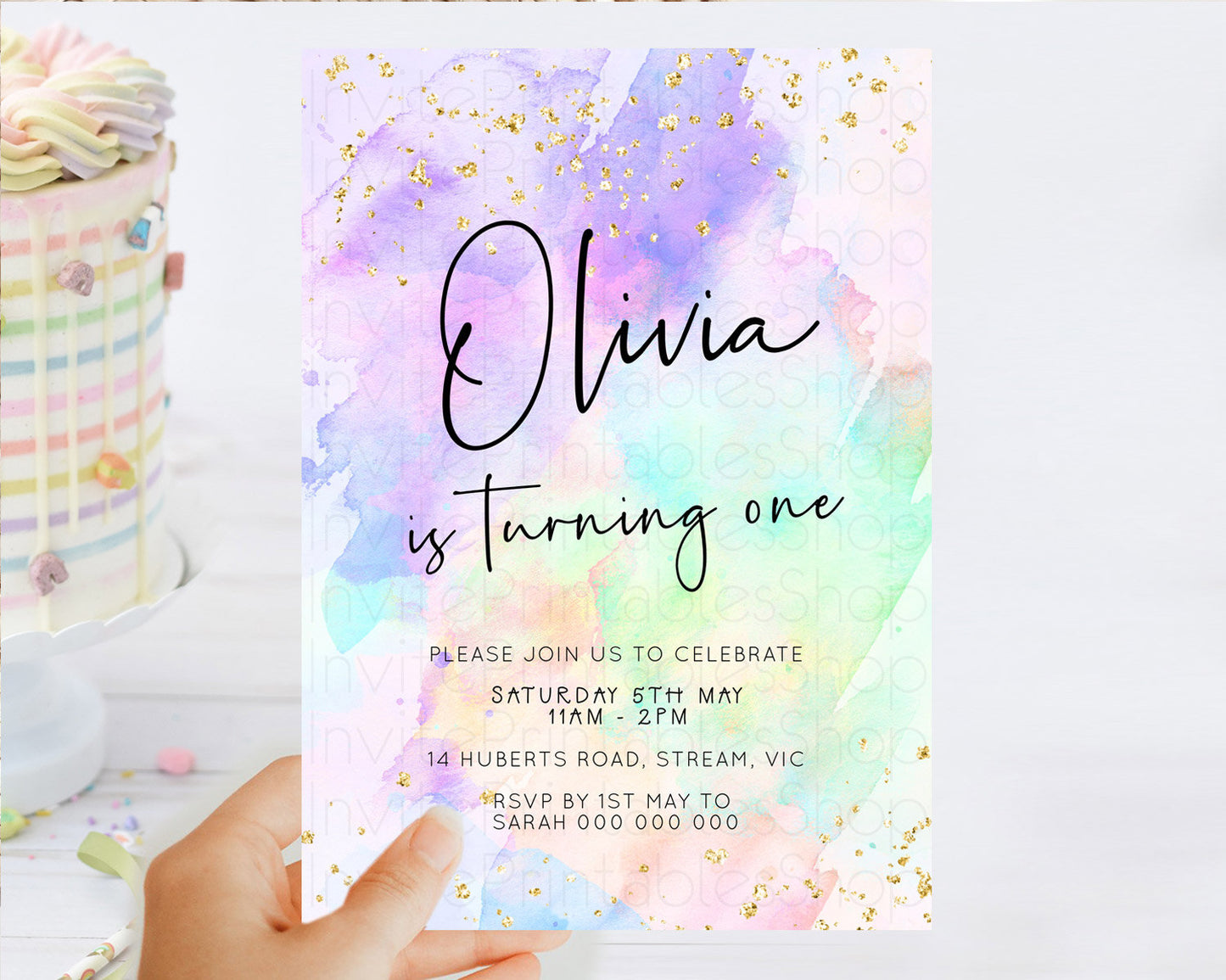 Pastel Birthday Invitation Ombre Watercolor Birthday Invitation Glitter Rainbow Color Splash 1st 2nd 3rd Birthday Invitation D23066