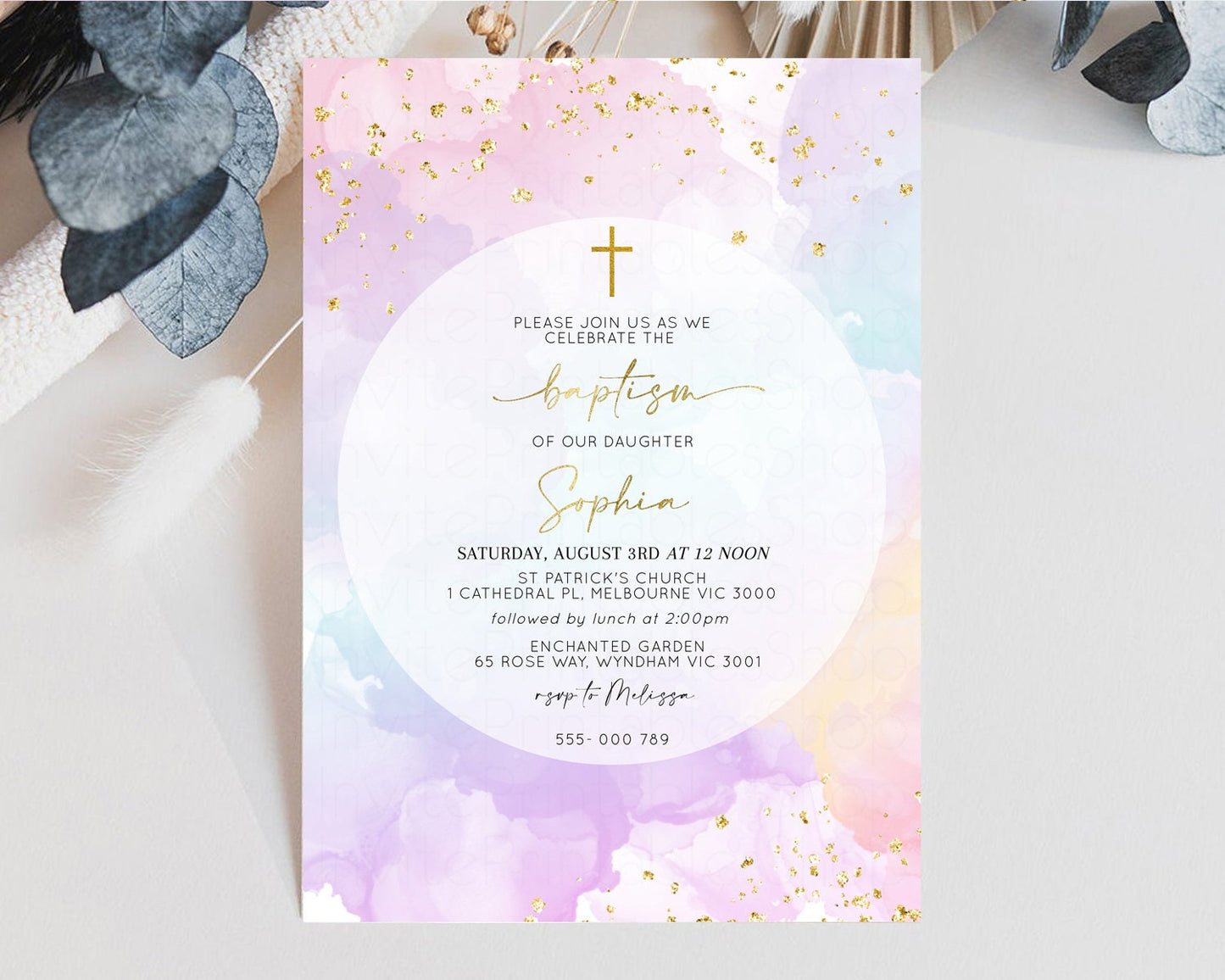 Rainbow Baptism Invitation Pastel Christening Invitation Holy Communion Invitation Glitter Watercolor Splash Invitation Colorful 599v1