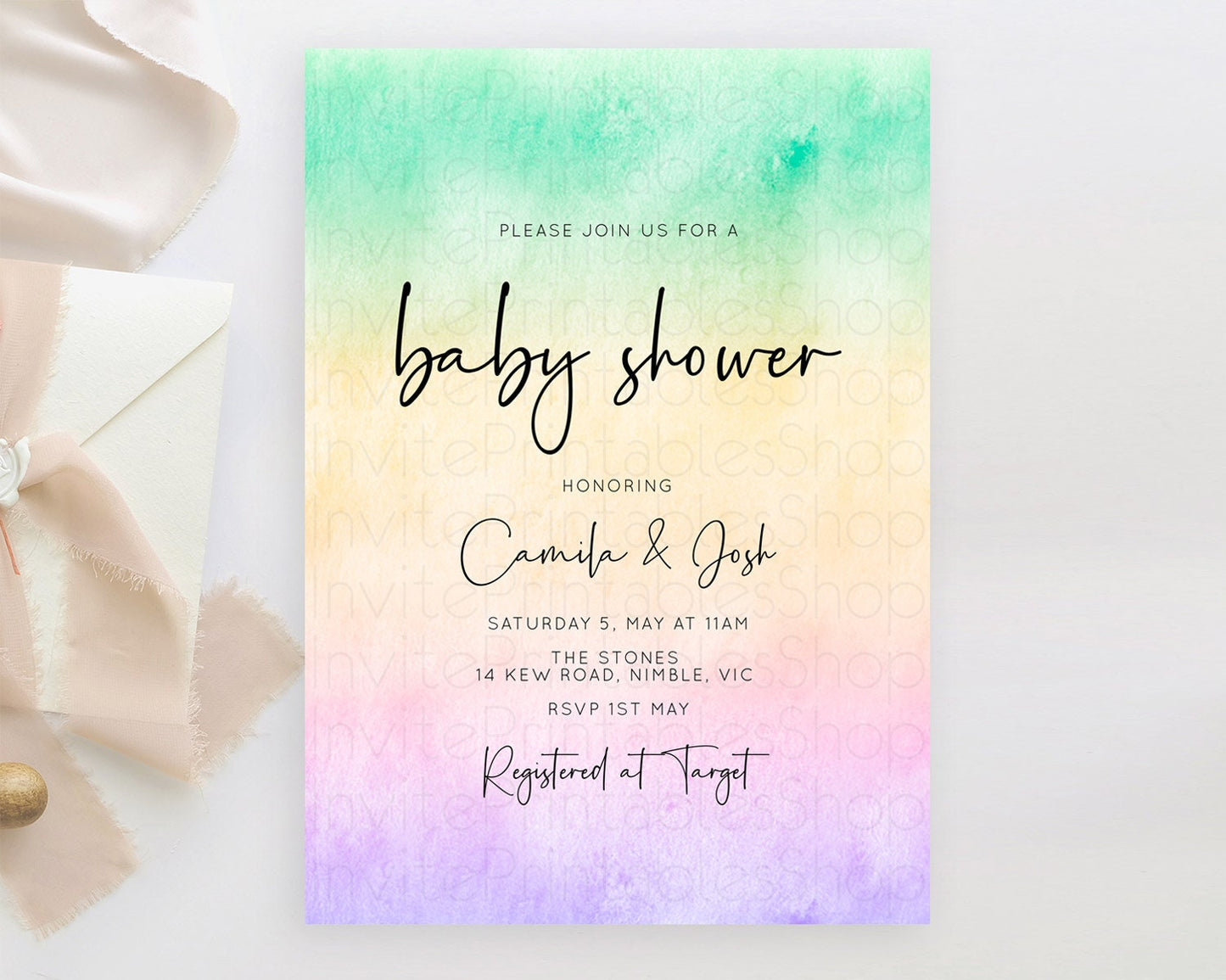 Pastel Baby Shower Invitation Rainbow Baby Shower Invitation Colorful Pastel Watercolor Invitation Gold Glitter Sprinkles Ombre D10481