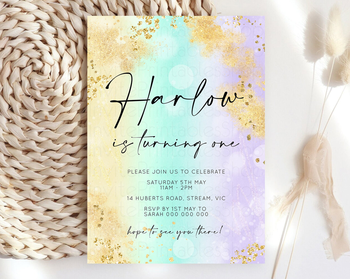 Rainbow Birthday Invitation Pastel Birthday Invite Ombre Watercolor Invite Enchanted Theme Colorful Splash Glitter Sprinkles 1st 2nd 3rd