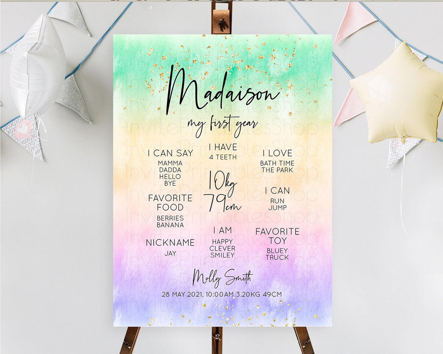 Pastel First Birthday Milestone Board Pastel Rainbow Milestone Poster Colorful Confetti Watercolor Glitter 1st Birthday Welcome Sign D10485