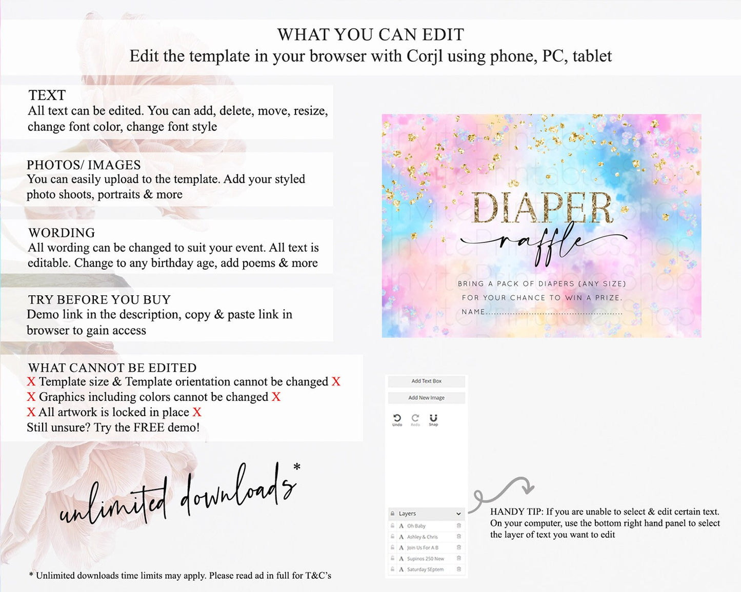 Pastel Diaper Raffle Card Pastel Rainbow Diaper Raffle Insert Colorful Ombre Watercolor Diaper Ticket Confetti Glitter Raffle Game D10607