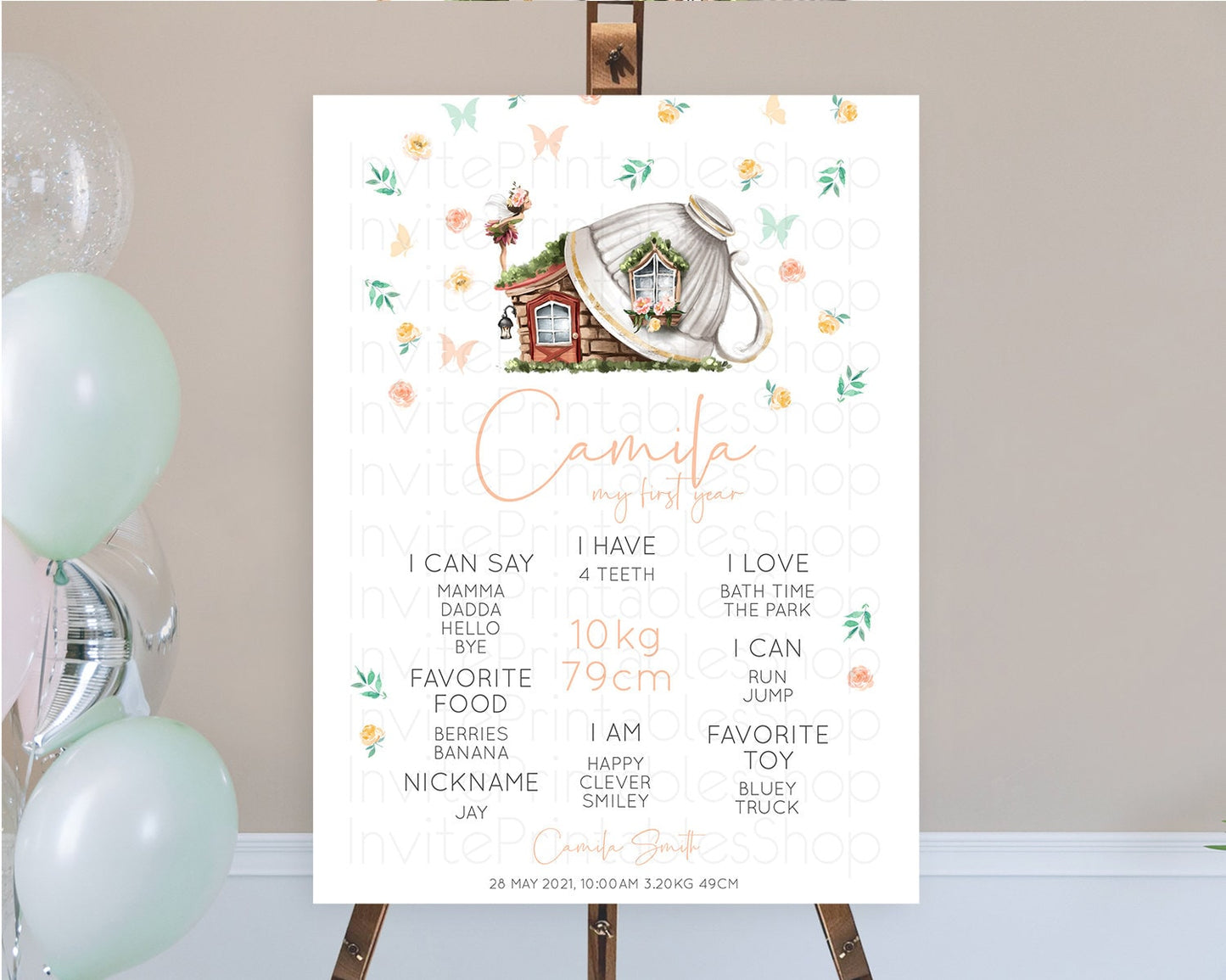 Fairy First Birthday Milestone Poster Fairy Secret Garden Milestone Board Enchanted Garden Pastel Floral Butterfly 1st Birthday Sign D10383