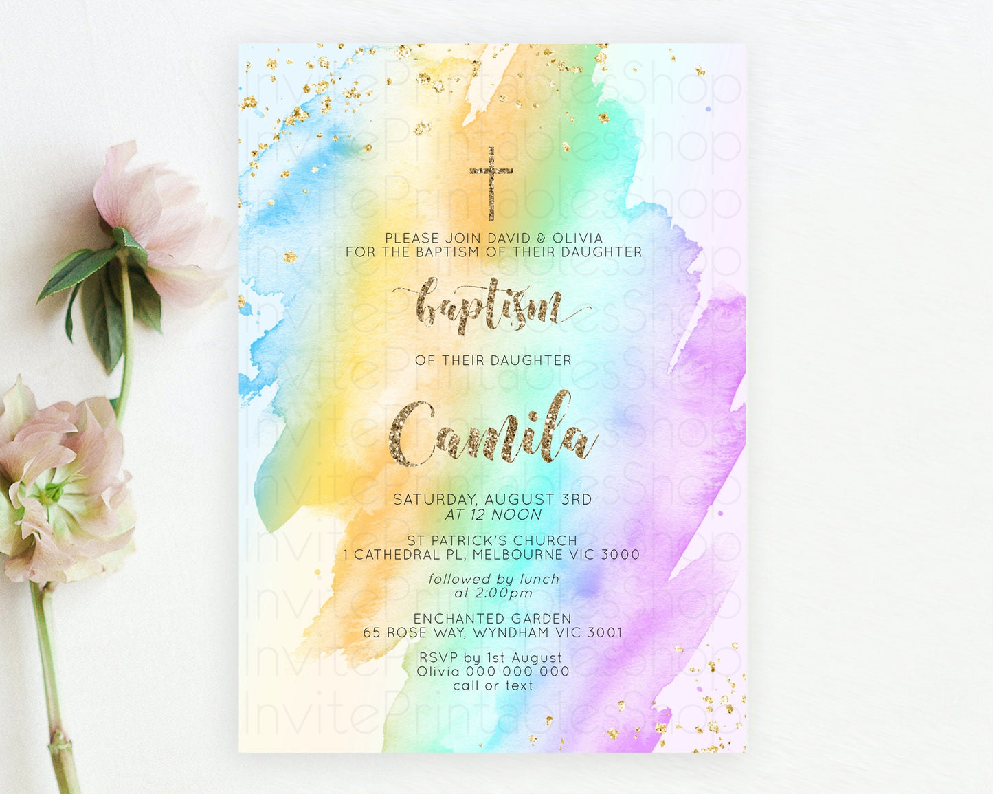 Pastel Baptism Invitation Pastel Colors Watercolor Baptism 1st Birthday Party Gold Ombre Pastel Rainbow Christening Holy Communion D10426