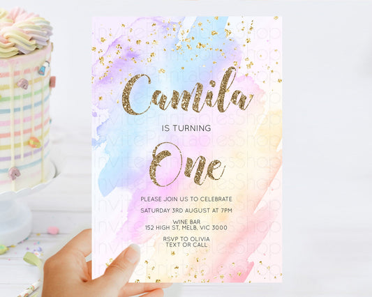 Rainbow Birthday Invitation Colorful Pastel Watercolor Invitation Gold Glitter Sprinkles Ombre Pastel 1st 2nd 3rd Birthday D10633