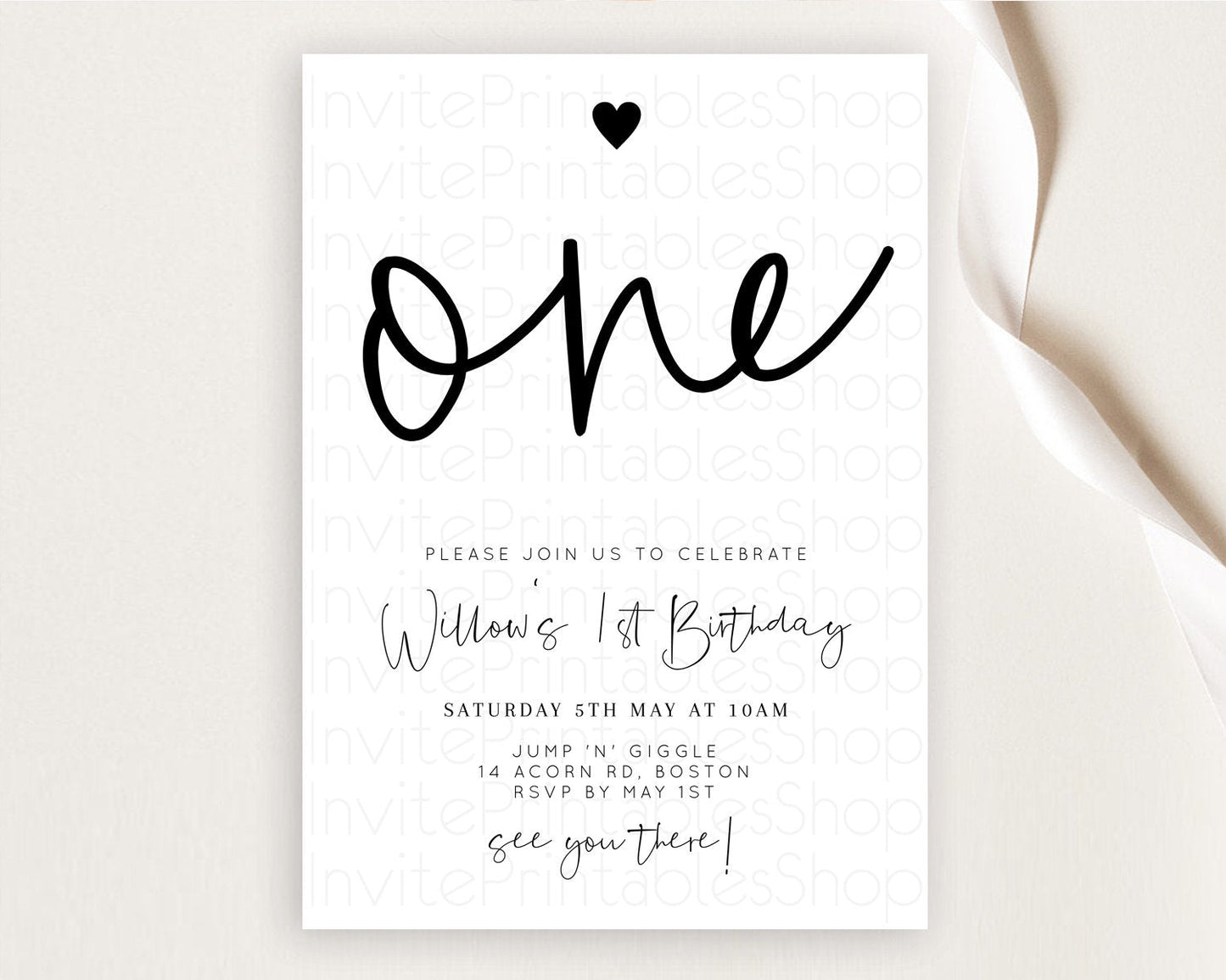 Minimalist Birthday Invitation White Black Invitation Minimalist Pastel Invitation Plain Invites Modern Simple 1st First Birthday D11013