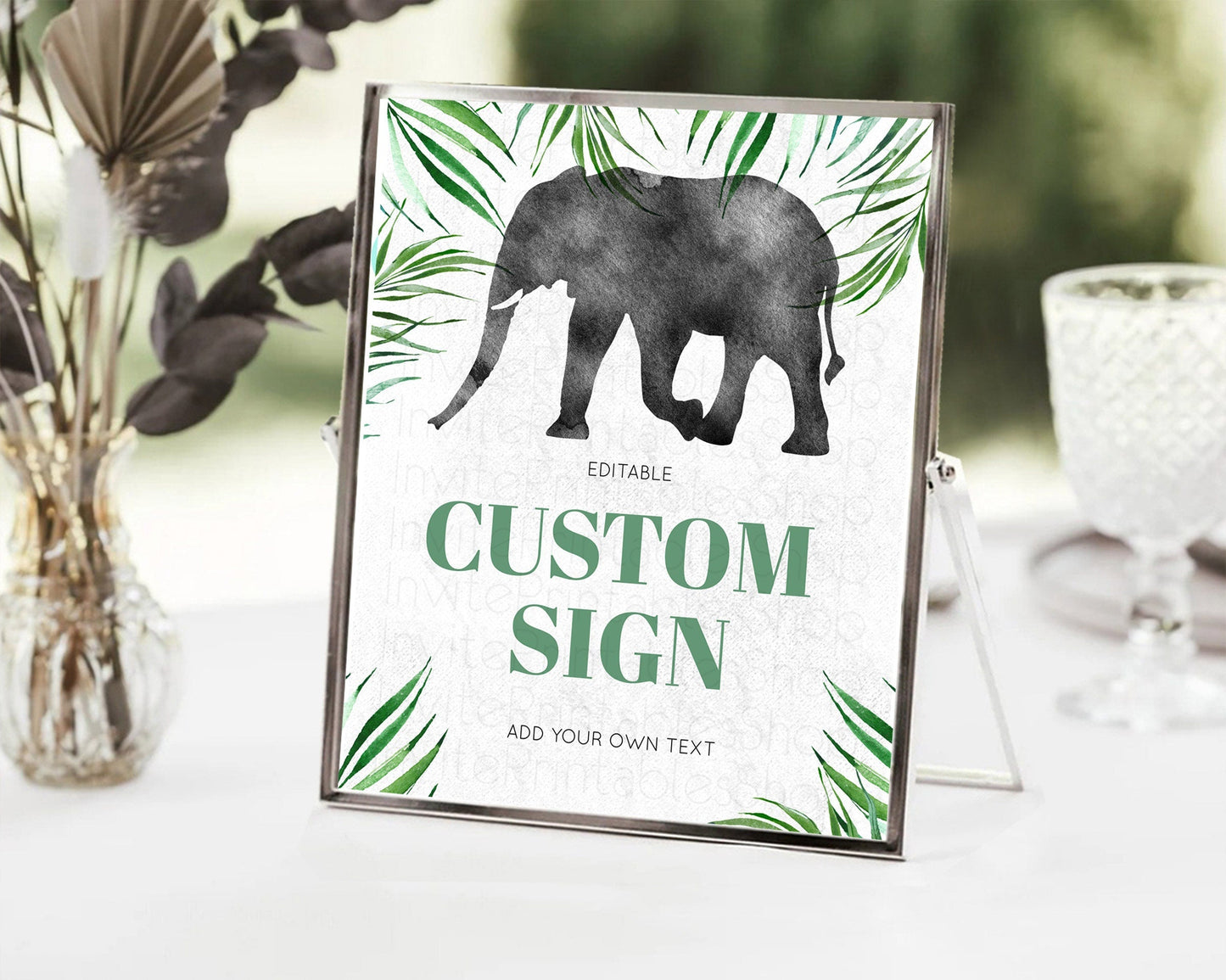 Elephant Sign Elephant Safari Adventure Party Table Sign Decor Dried Palm Fern Zoo 1st Birthday Baptism Baby Shower Bridal Shower D10842