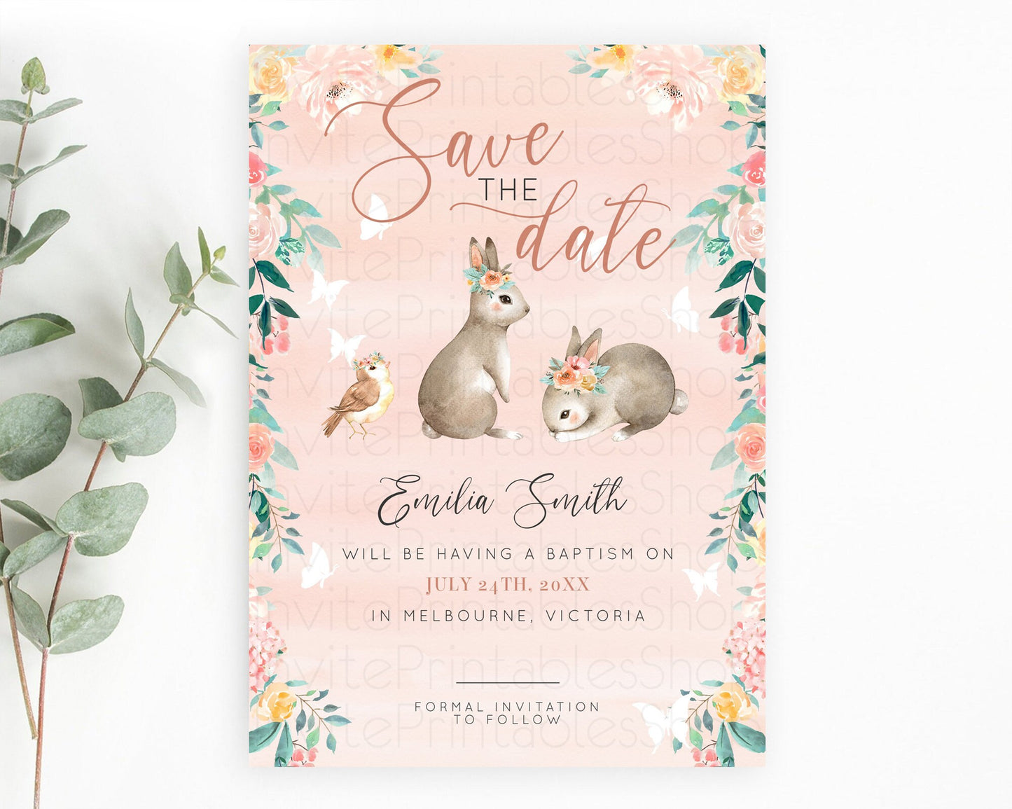 Floral Bunny Save The Date Template Pastel Flowers Forest Bunny Secret Garden Some Bunny Party 1st Birthday Baby Shower Baptism D10922