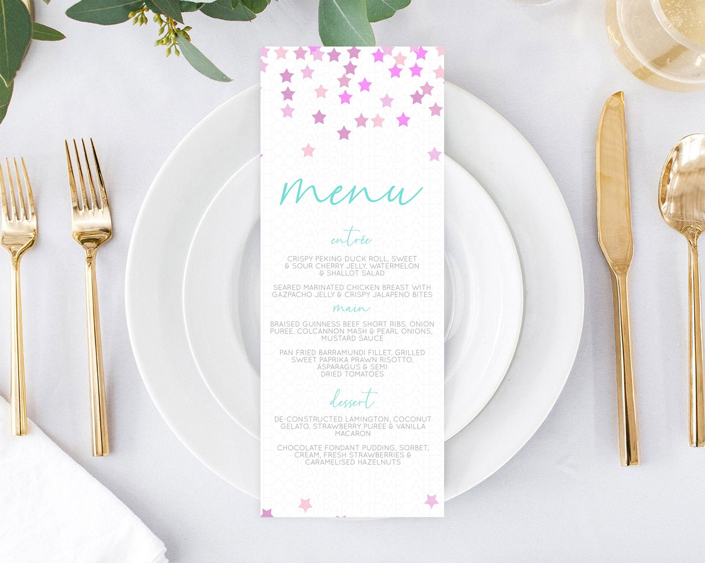 Star Menu Template Pastel Stars Menu Shooting Star Twinkle Little Star Decor Rainbow Colorful Confetti Dinner Dessert Food Menu D10403