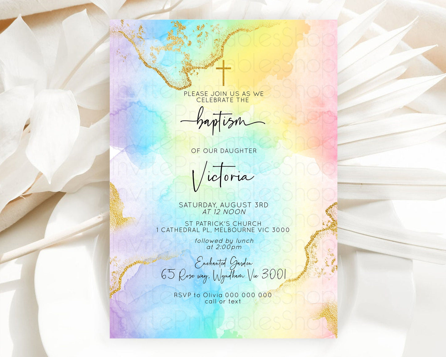 Pastel Baptism Invitation Pastel Colors Watercolor Baptism 1st Birthday Party Gold Ombre Pastel Rainbow Christening Holy Communion D10588