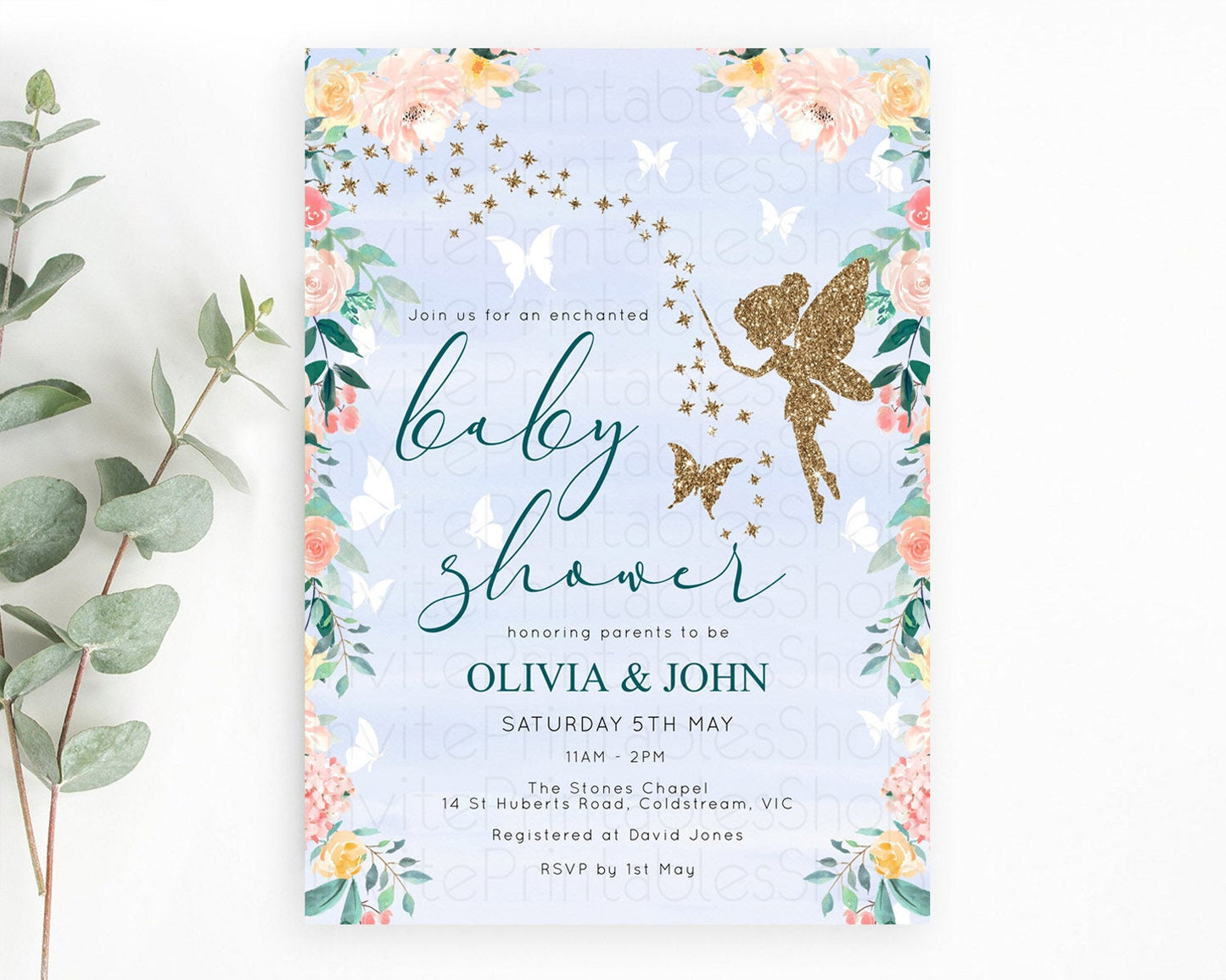 Fairy Baby Shower Invitation, Secret Garden, Fairy Garden Party, Magical Butterflies, Pink Orange Greenery, Floral, Blue Watercolor D10794