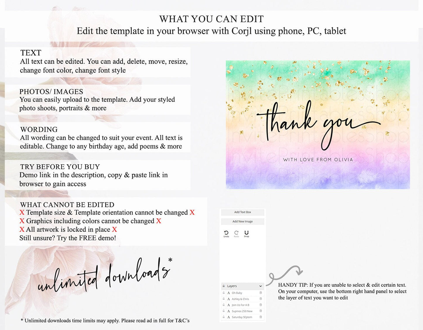 Pastel Thank You Rainbow Thank You Card Colorful Pastel Birthday Thank You Card Confetti Watercolor Pastel Teacher Thank You Cards D10485